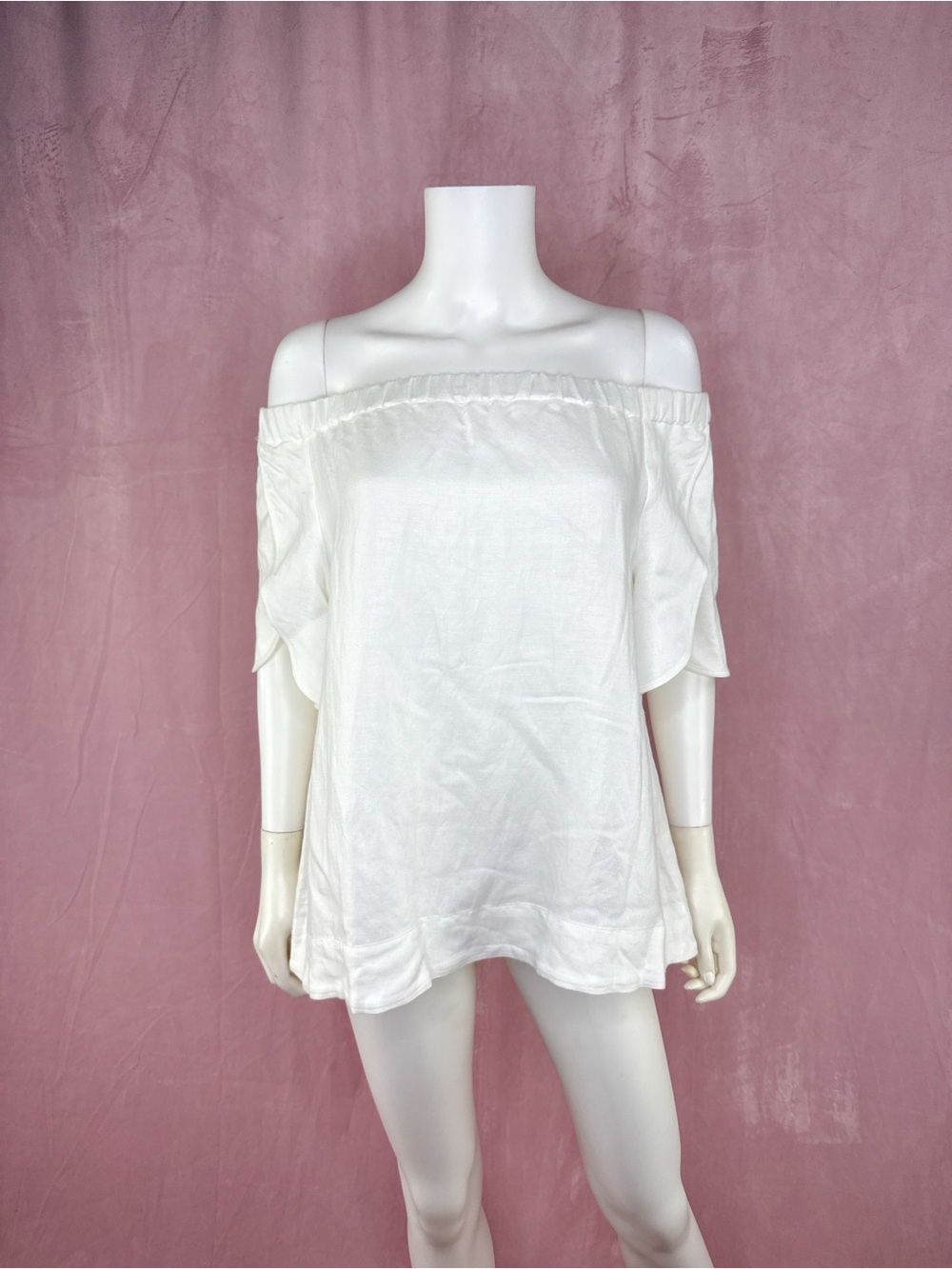 Cuyana Womens White Linen Blouse Top Short Sleeve Size XS Off The Shoulder